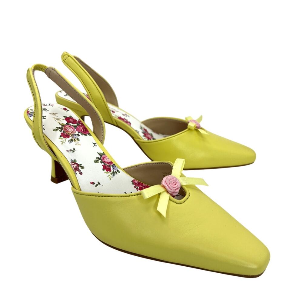 For Love & Lemons Suzette Slingback Heels Yellow Leather Rose Bow 37 NEW
